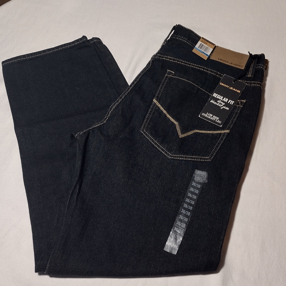 DKNY Bleeker Dark Blue Wash Regular Fit Low Rise Straight Leg Jeans - Picture 2 of 16